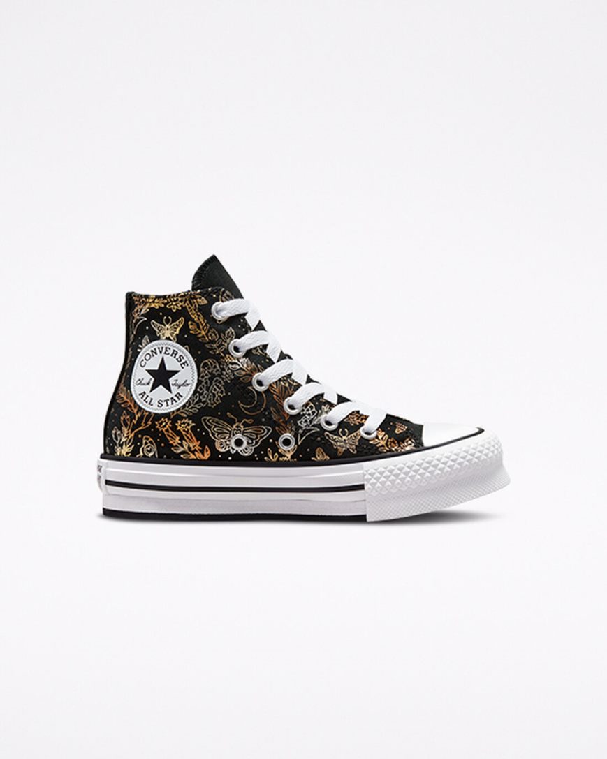 Dívčí Boty Na Platformy Converse Chuck Taylor All Star EVA Lift Butterfly Shine Vysoké Černé Zlaté Bílé | CZ MYZX79